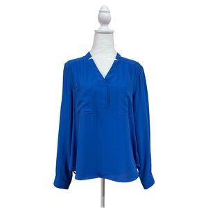 Nine West Cobalt Blue V Neck Blouse Size M Long Sleeve Work Career Top EUC